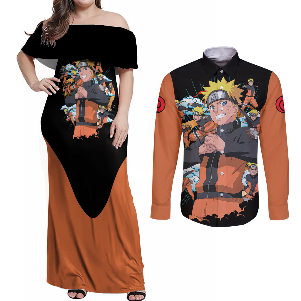 Uzumaki Shadow Clone Jutsu - Naruto Couples Matching Off Shoulder Maxi Dress and Long Sleeve Button Shirt Anime Style