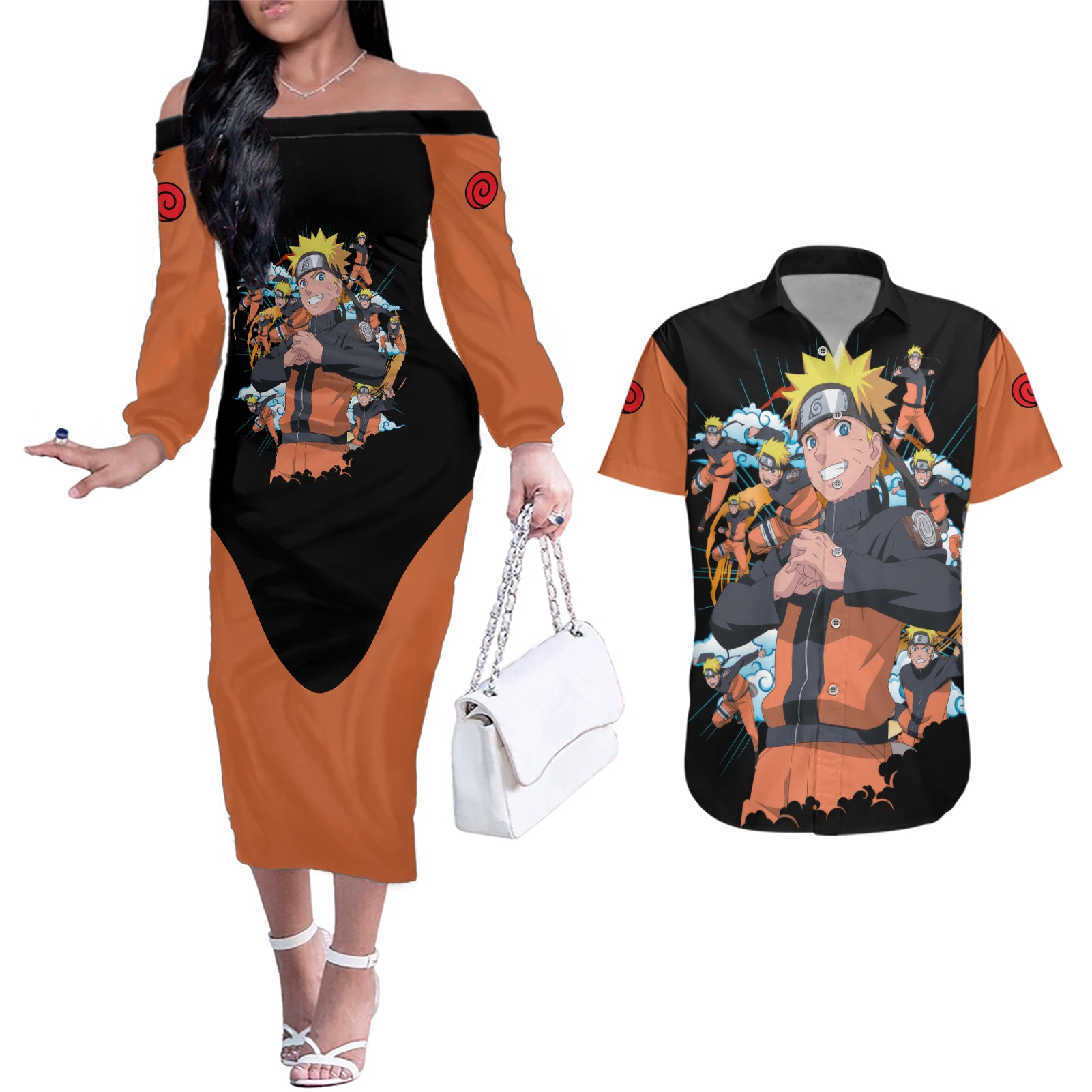 Uzumaki Shadow Clone Jutsu - Naruto Couples Matching Off The Shoulder Long Sleeve Dress and Hawaiian Shirt Anime Style