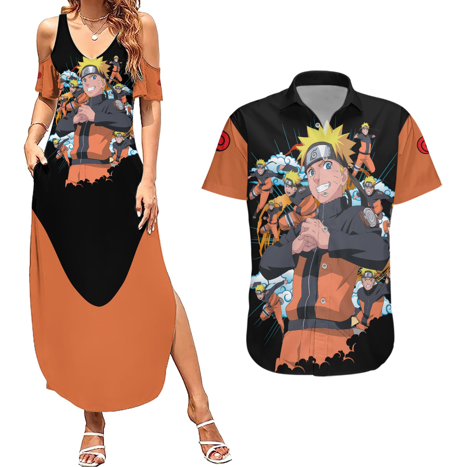 Uzumaki Shadow Clone Jutsu - Naruto Couples Matching Summer Maxi Dress and Hawaiian Shirt Anime Style