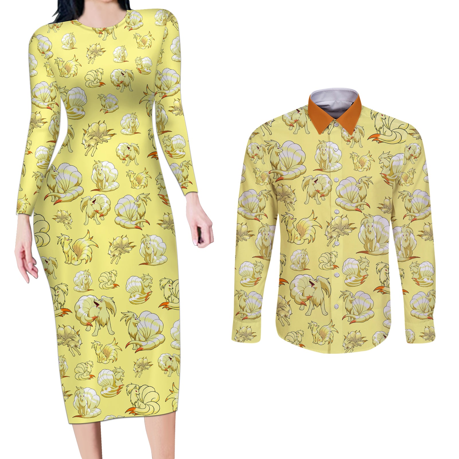 Ninetales Couples Matching Long Sleeve Bodycon Dress and Long Sleeve Button Shirt Pattern Style