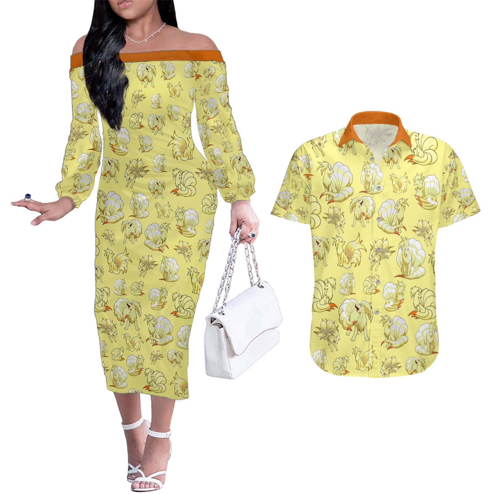 Ninetales Couples Matching Off The Shoulder Long Sleeve Dress and Hawaiian Shirt Pattern Style