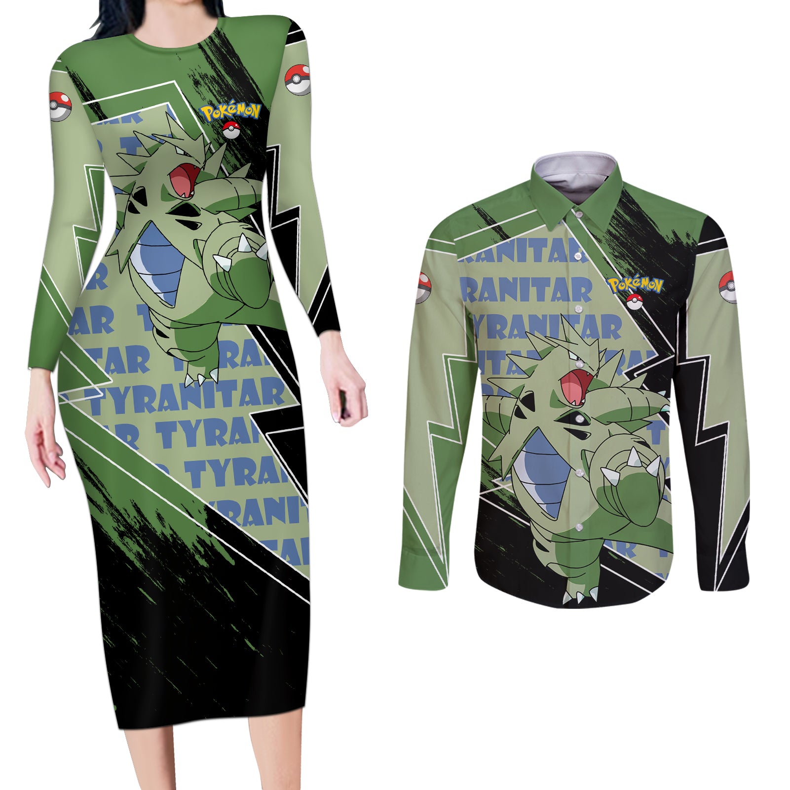 Tyranitar Couples Matching Long Sleeve Bodycon Dress and Long Sleeve Button Shirt Pattern Style