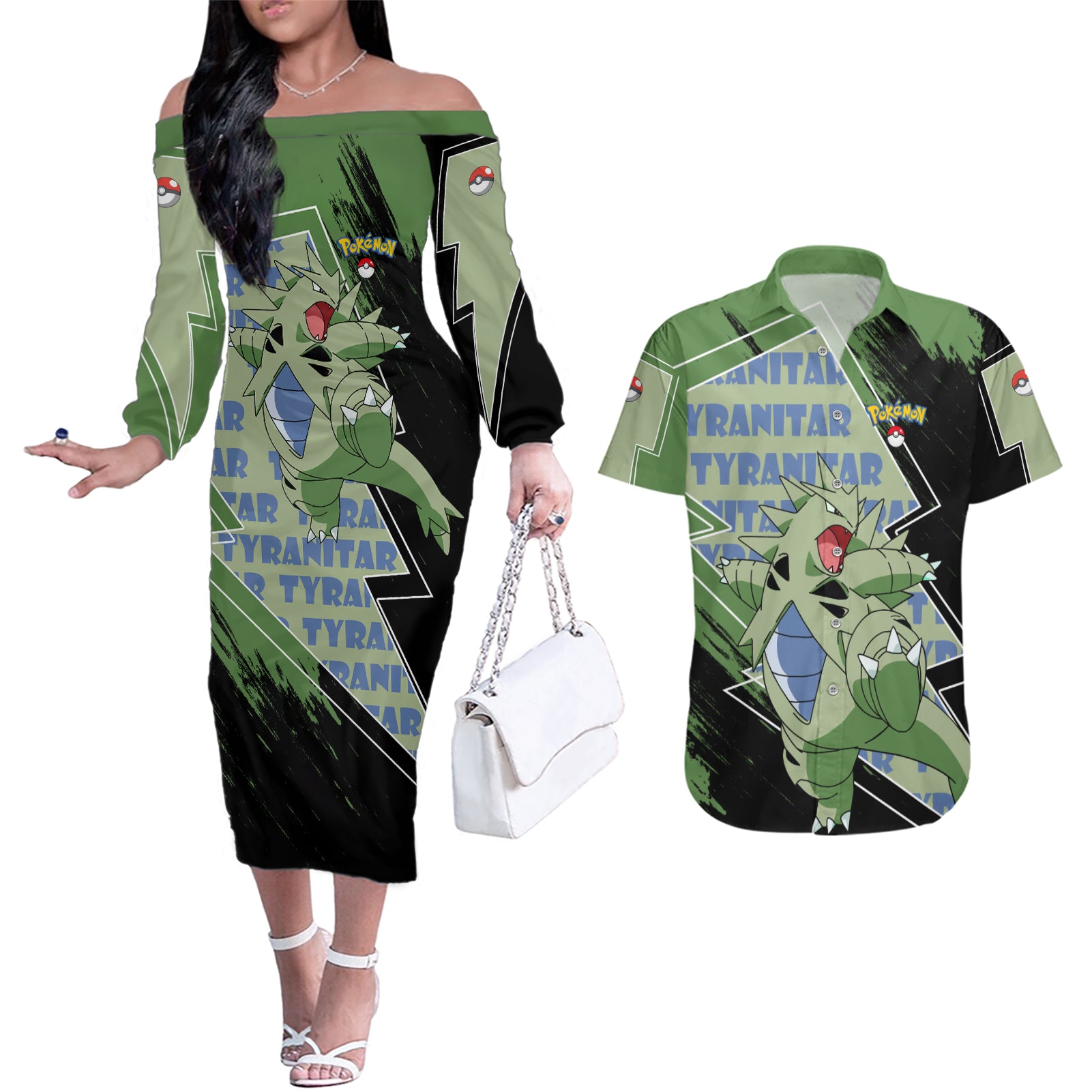 Tyranitar Couples Matching Off The Shoulder Long Sleeve Dress and Hawaiian Shirt Pattern Style