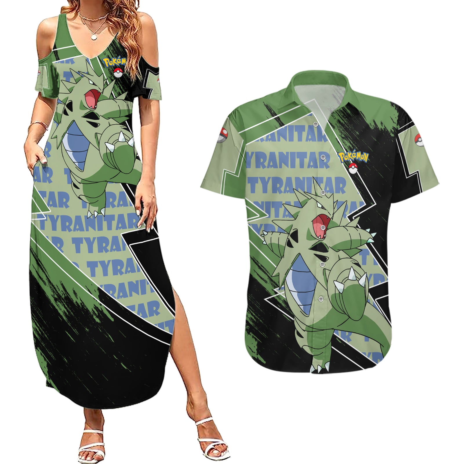 Tyranitar Couples Matching Summer Maxi Dress and Hawaiian Shirt Pattern Style