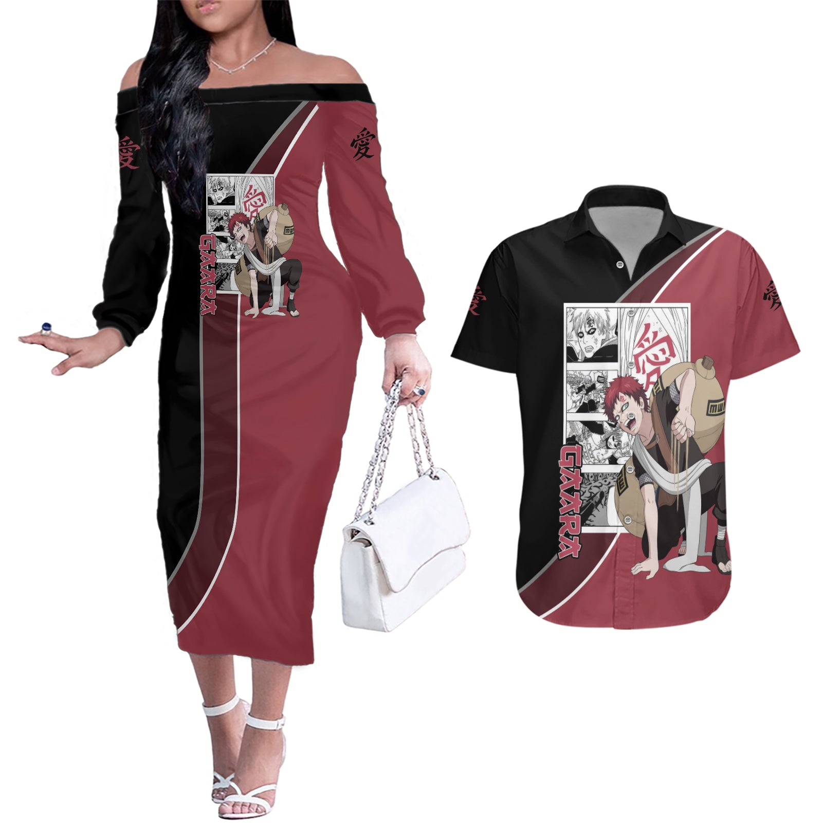 Gaara Couples Matching Off The Shoulder Long Sleeve Dress and Hawaiian Shirt Anime Mix Manga