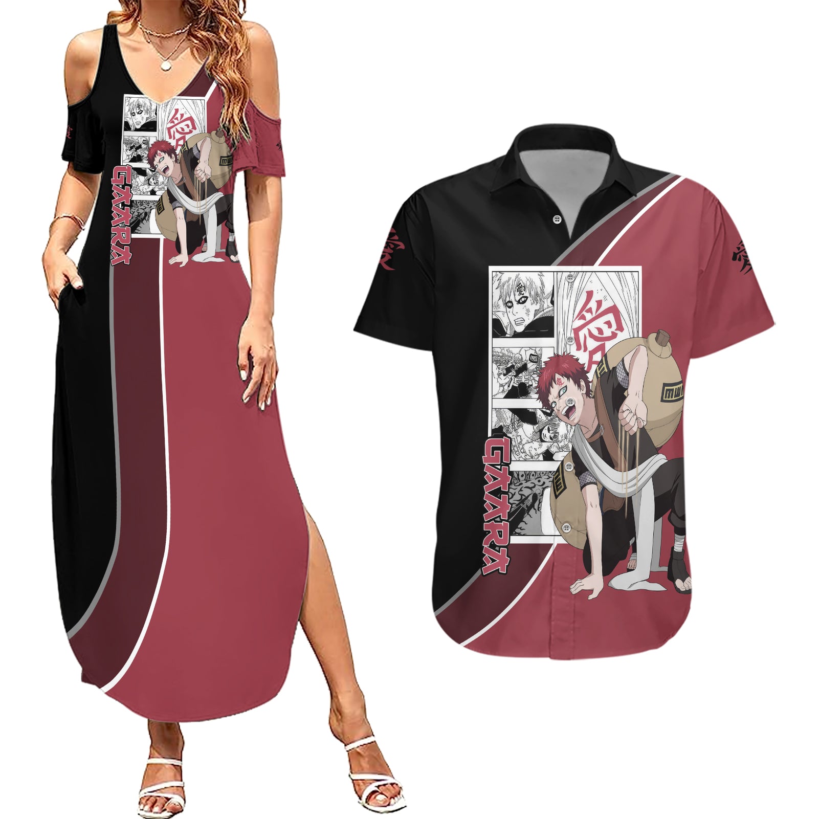 Gaara Couples Matching Summer Maxi Dress and Hawaiian Shirt Anime Mix Manga