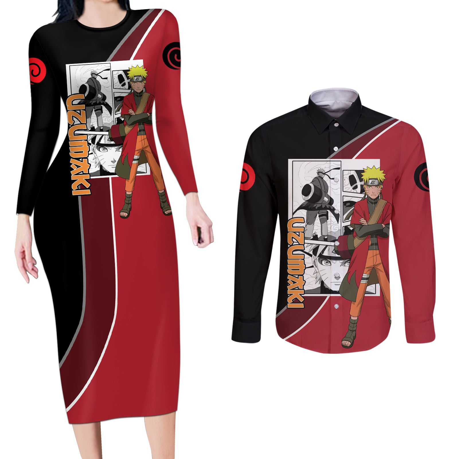 Nrt Uzumaki Sage Couples Matching Long Sleeve Bodycon Dress and Long Sleeve Button Shirt Mix Manga