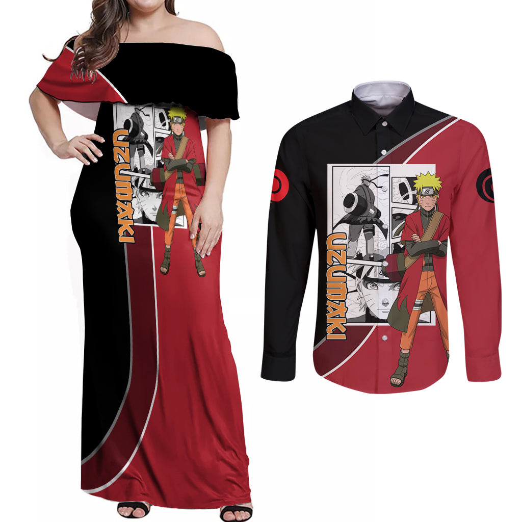 Nrt Uzumaki Sage Couples Matching Off Shoulder Maxi Dress and Long Sleeve Button Shirt Mix Manga