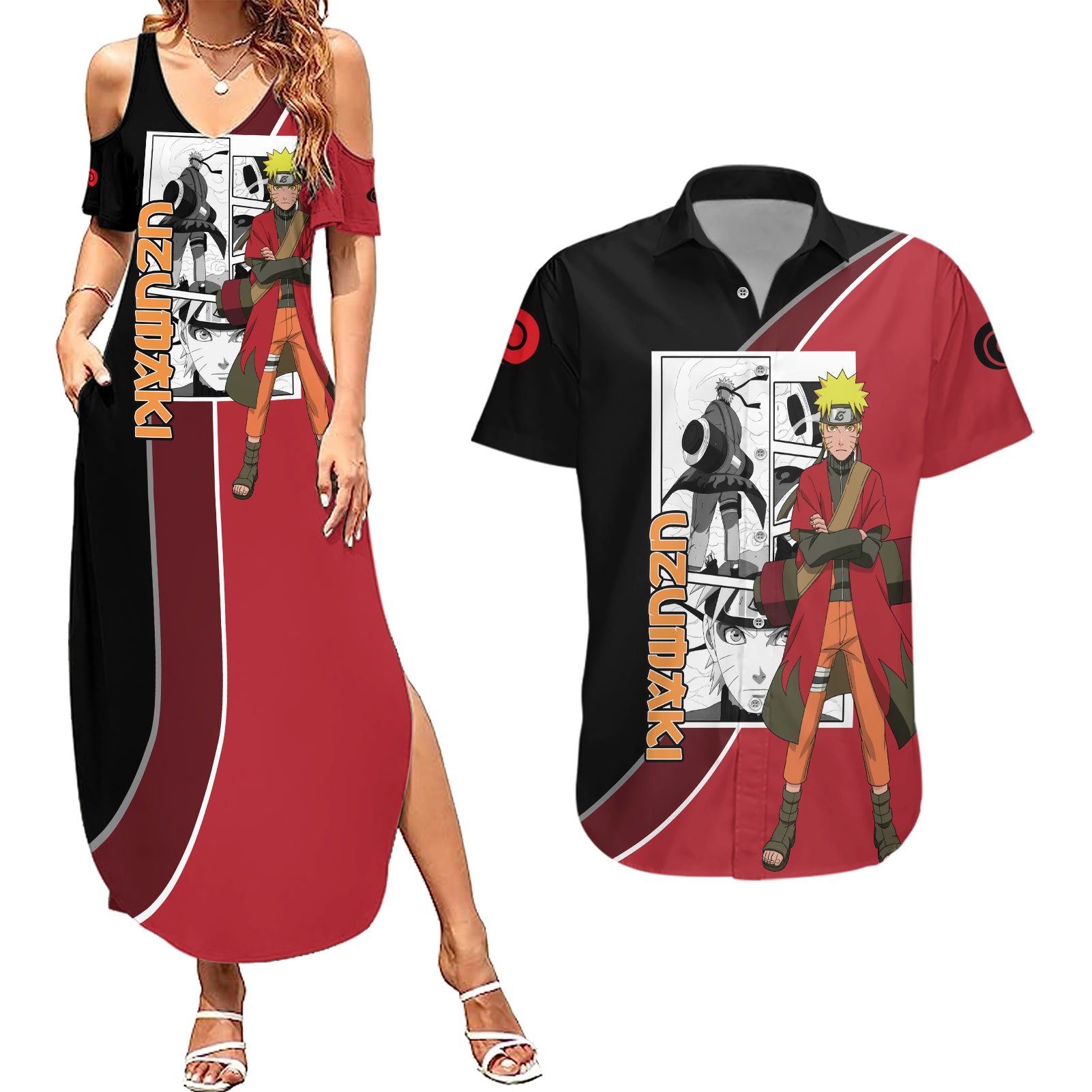 Nrt Uzumaki Sage Couples Matching Summer Maxi Dress and Hawaiian Shirt Mix Manga