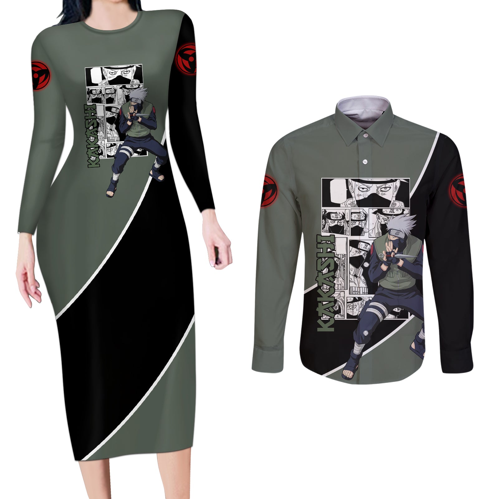 Kakashi - Naruto Couples Matching Long Sleeve Bodycon Dress and Long Sleeve Button Shirt Anime Mix Manga Style