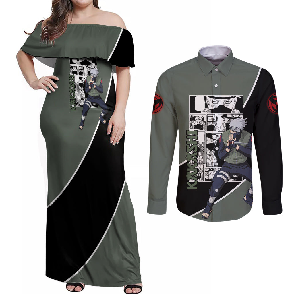 Kakashi - Naruto Couples Matching Off Shoulder Maxi Dress and Long Sleeve Button Shirt Anime Mix Manga Style