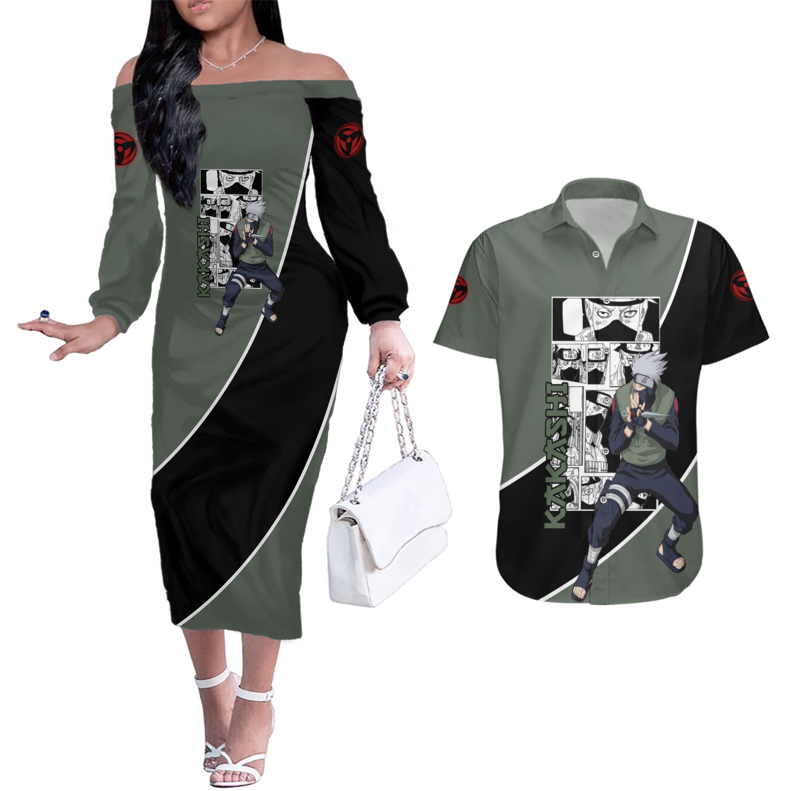 Kakashi - Naruto Couples Matching Off The Shoulder Long Sleeve Dress and Hawaiian Shirt Anime Mix Manga Style