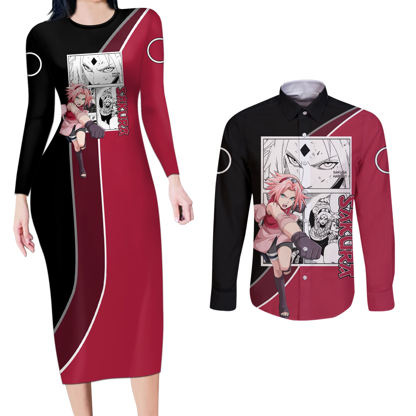 Sakura Haruno - Naruto Couples Matching Long Sleeve Bodycon Dress and Long Sleeve Button Shirt Anime Mix Manga Style