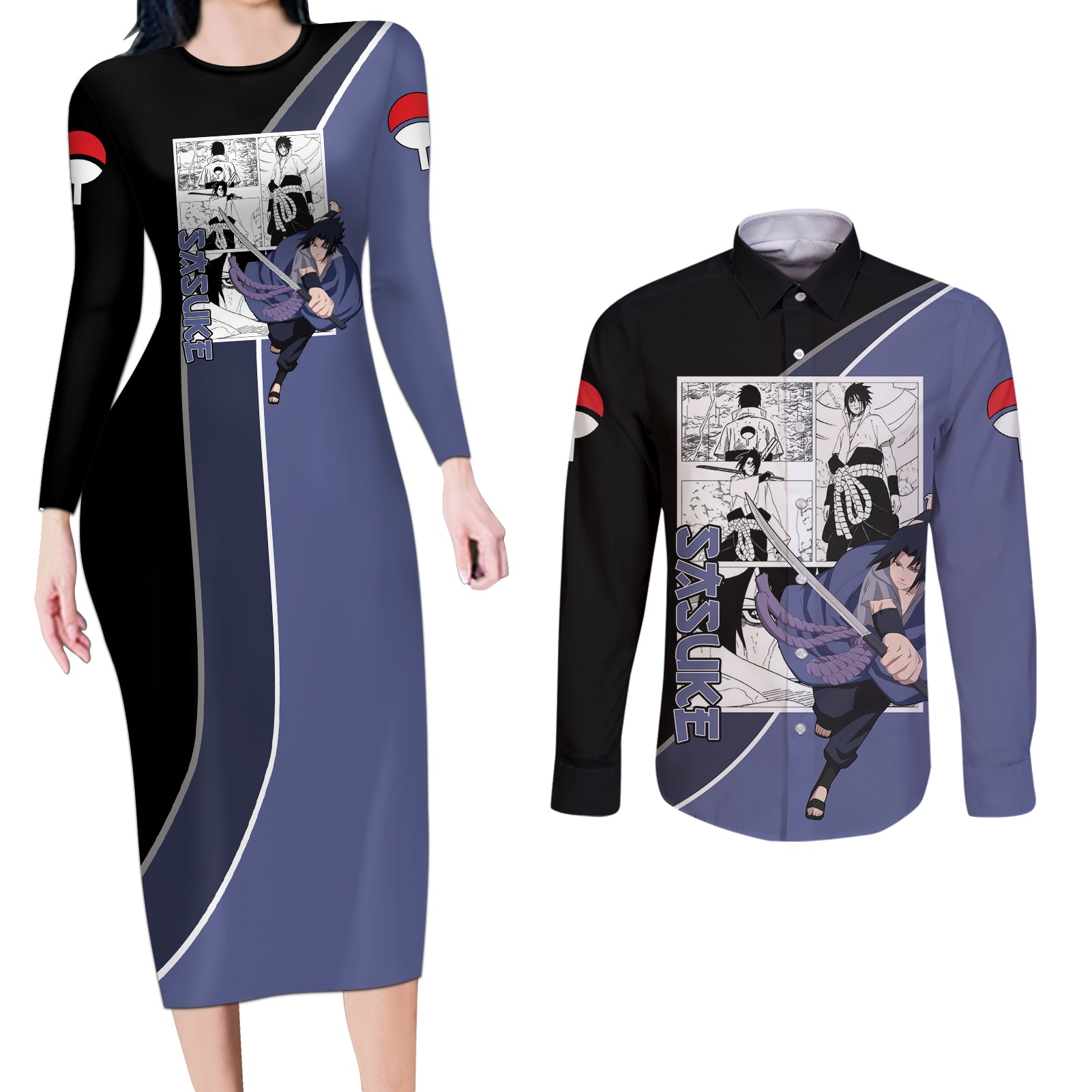 Sasuke - Naruto Couples Matching Long Sleeve Bodycon Dress and Long Sleeve Button Shirt Anime Mix Manga Style