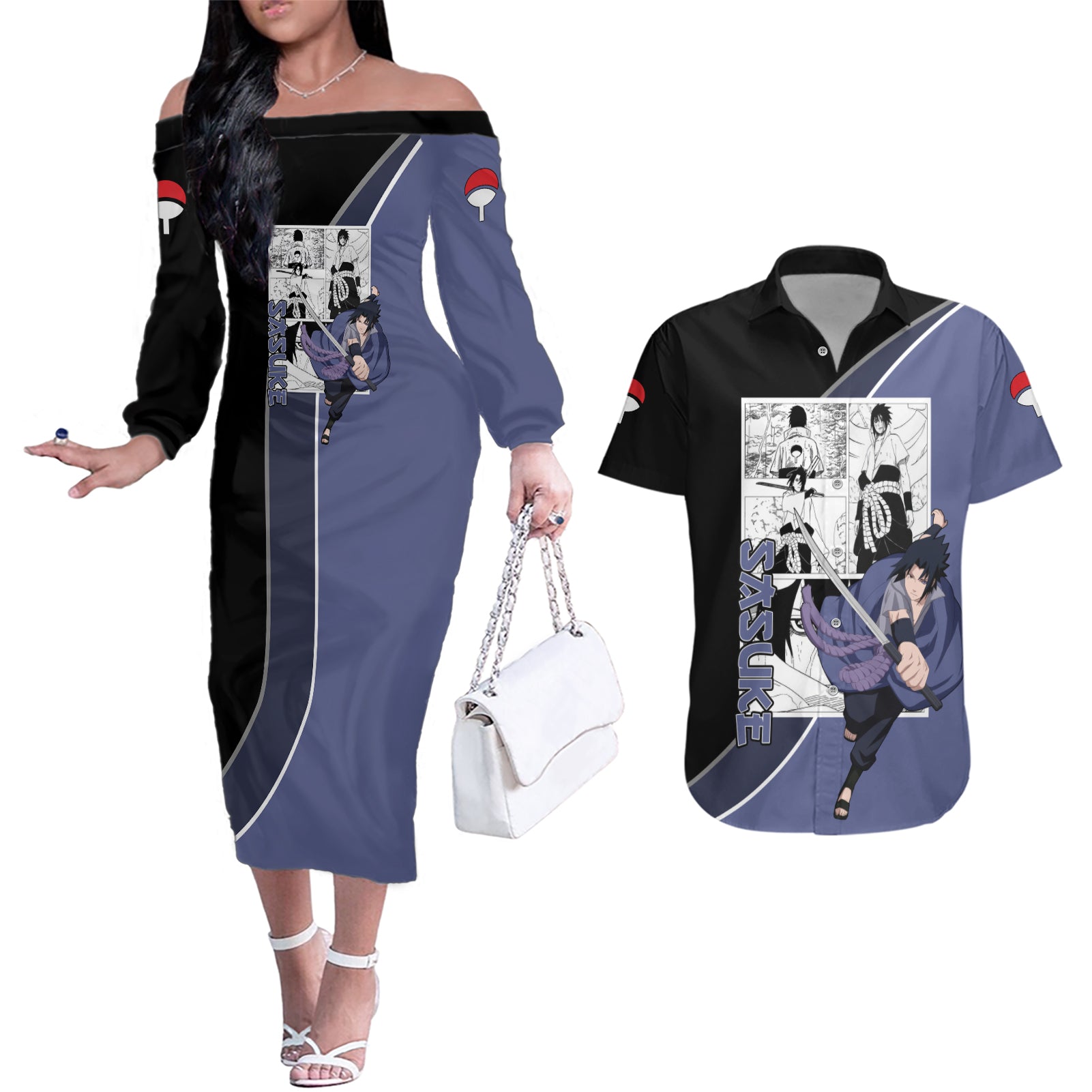 Sasuke - Naruto Couples Matching Off The Shoulder Long Sleeve Dress and Hawaiian Shirt Anime Mix Manga Style