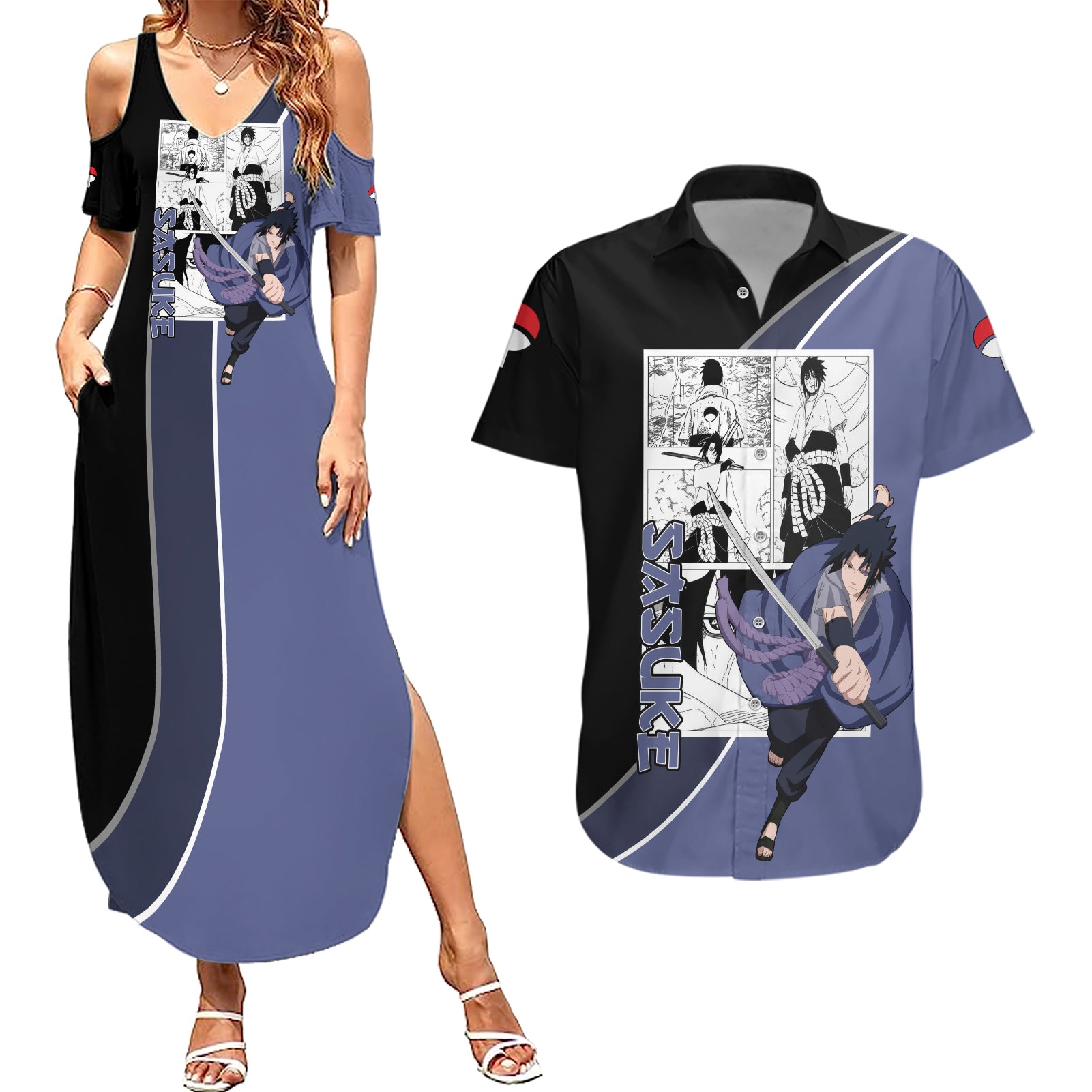 Sasuke - Naruto Couples Matching Summer Maxi Dress and Hawaiian Shirt Anime Mix Manga Style