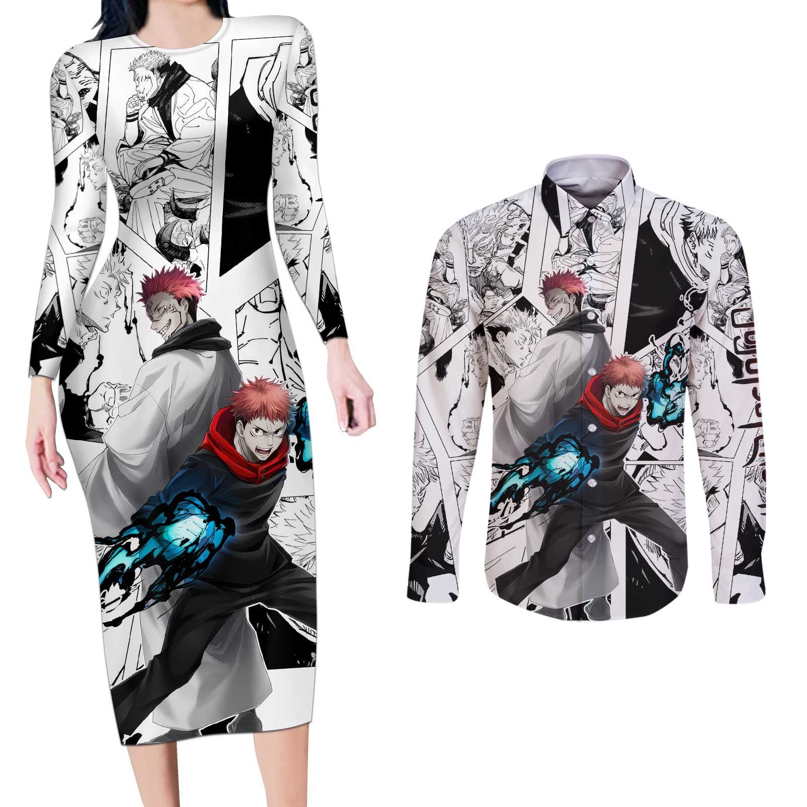 Itadori Yuji and Sukuna - Jujutsu Kaisen Couples Matching Long Sleeve Bodycon Dress and Long Sleeve Button Shirt Anime Japan Style