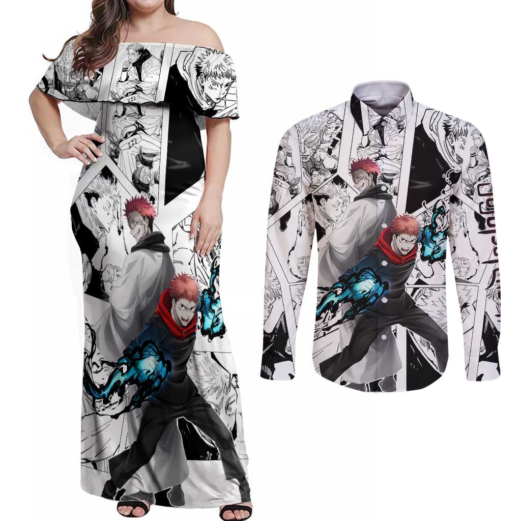 Itadori Yuji and Sukuna - Jujutsu Kaisen Couples Matching Off Shoulder Maxi Dress and Long Sleeve Button Shirt Anime Japan Style