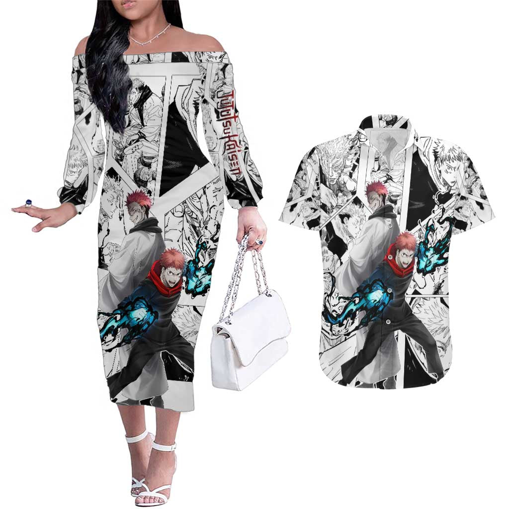 Itadori Yuji and Sukuna - Jujutsu Kaisen Couples Matching Off The Shoulder Long Sleeve Dress and Hawaiian Shirt Anime Japan Style