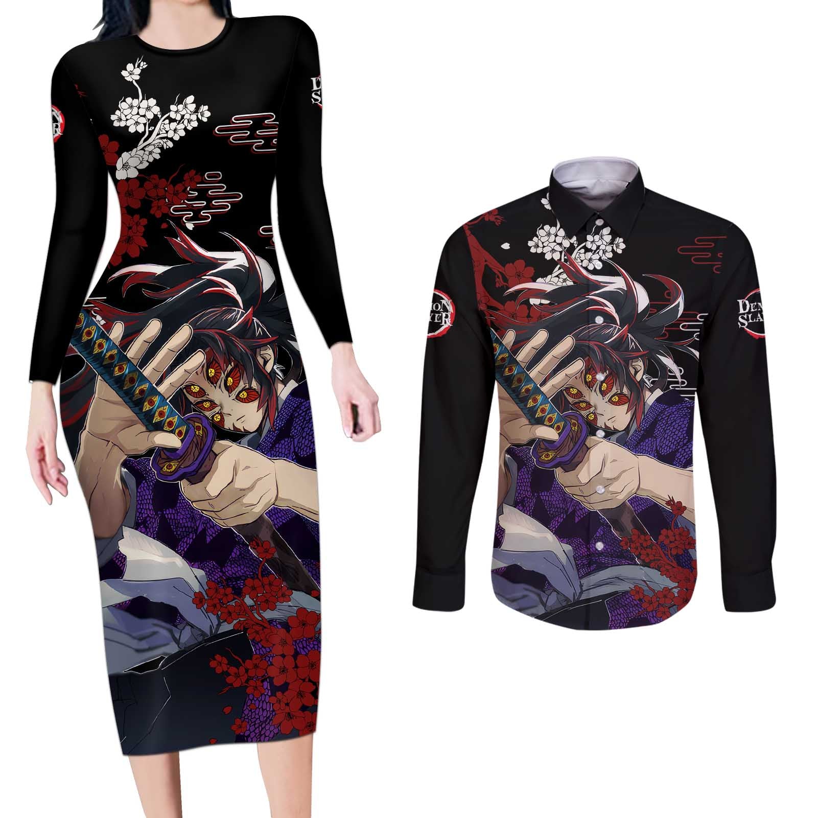 Kokushibo - Demon Slayer Couples Matching Long Sleeve Bodycon Dress and Long Sleeve Button Shirt Anime Japan Style