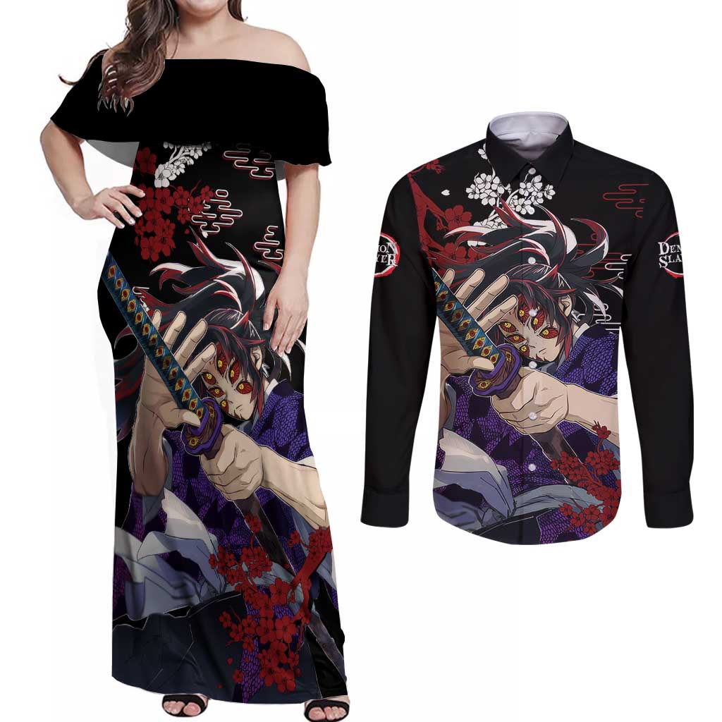 Kokushibo - Demon Slayer Couples Matching Off Shoulder Maxi Dress and Long Sleeve Button Shirt Anime Japan Style