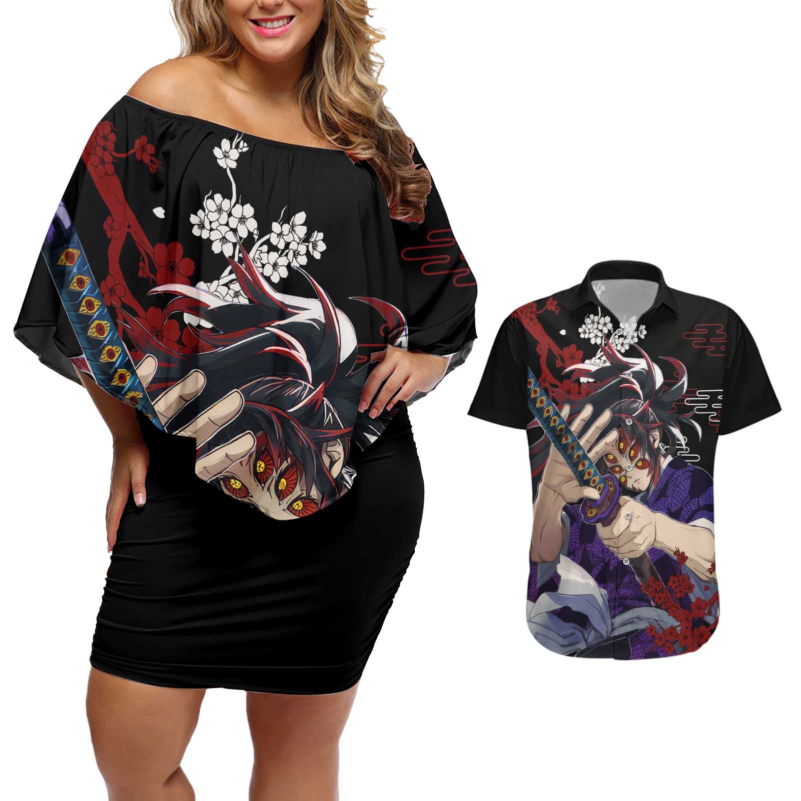 Kokushibo - Demon Slayer Couples Matching Off Shoulder Short Dress and Hawaiian Shirt Anime Japan Style