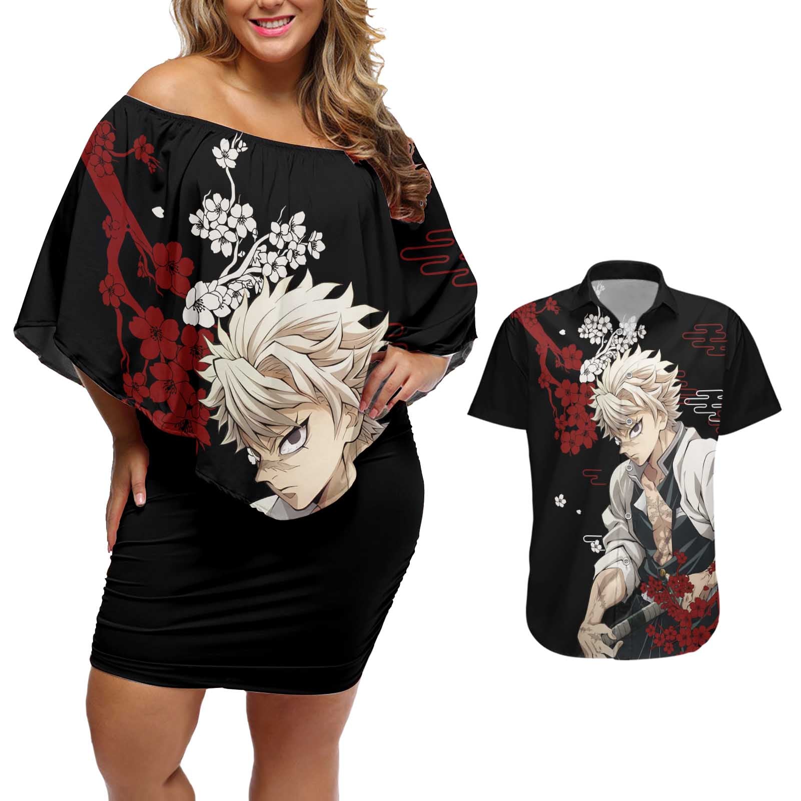 Sanemi Shinazugawa - Demon Slayer Couples Matching Off Shoulder Short Dress and Hawaiian Shirt Anime Japan Style