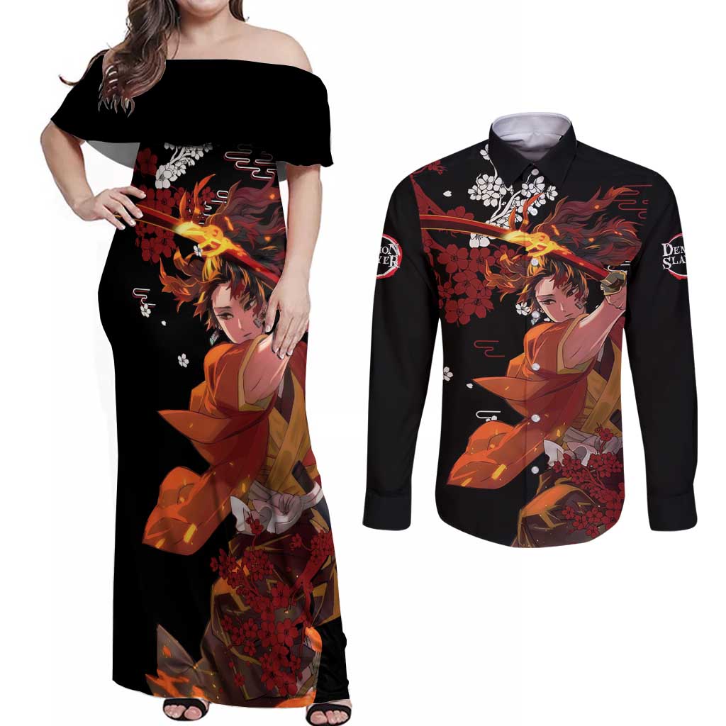 Yoriichi Tsugikuni - Demon Slayer Couples Matching Off Shoulder Maxi Dress and Long Sleeve Button Shirt Anime Text Pattern Style