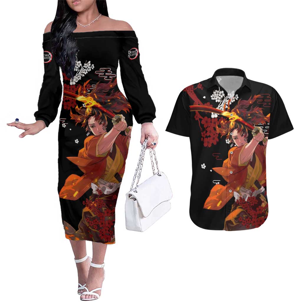 Yoriichi Tsugikuni - Demon Slayer Couples Matching Off The Shoulder Long Sleeve Dress and Hawaiian Shirt Anime Text Pattern Style