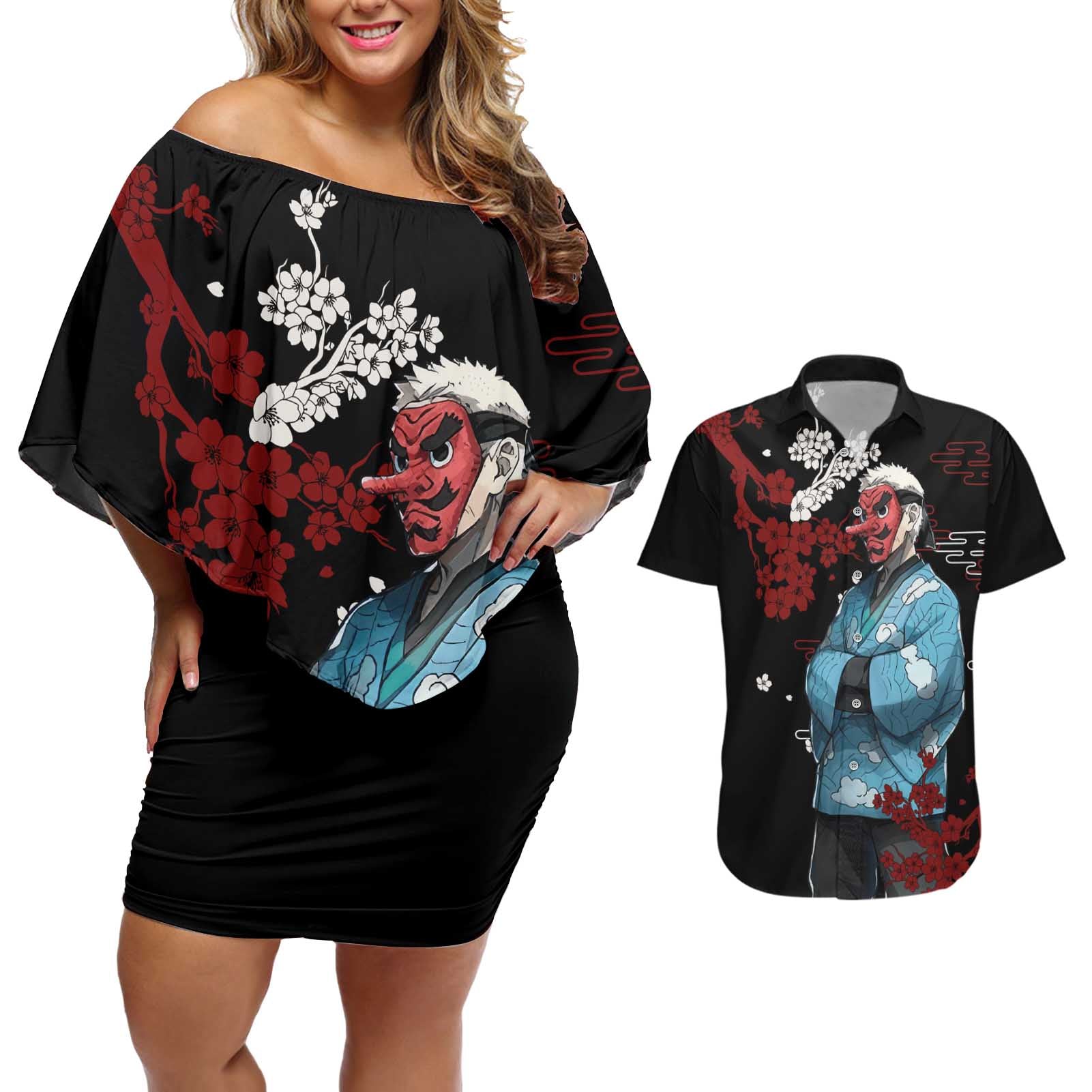 Sakonji Urokodaki - Demon Slayer Couples Matching Off Shoulder Short Dress and Hawaiian Shirt Anime Japan Style