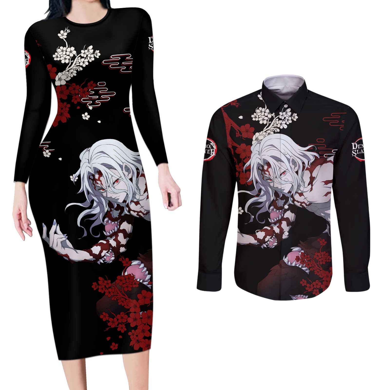 Muzan Kibutsuji - Demon Slayer Couples Matching Long Sleeve Bodycon Dress and Long Sleeve Button Shirt Anime Japan Style