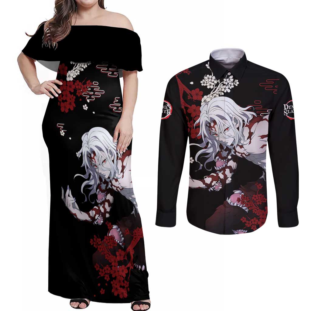 Muzan Kibutsuji - Demon Slayer Couples Matching Off Shoulder Maxi Dress and Long Sleeve Button Shirt Anime Japan Style