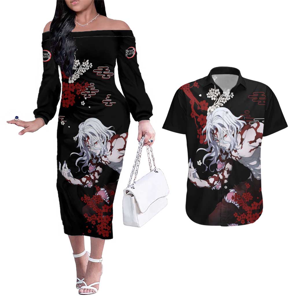 Muzan Kibutsuji - Demon Slayer Couples Matching Off The Shoulder Long Sleeve Dress and Hawaiian Shirt Anime Japan Style