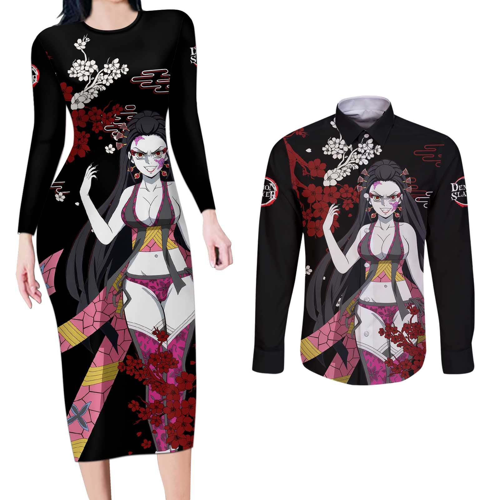 Daki - Demon Slayer Couples Matching Long Sleeve Bodycon Dress and Long Sleeve Button Shirt Anime Japan Style