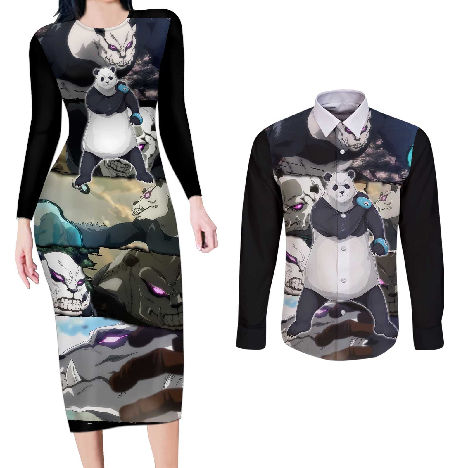 Panda - Jujutsu Kaisen Couples Matching Long Sleeve Bodycon Dress and Long Sleeve Button Shirt Anime Style