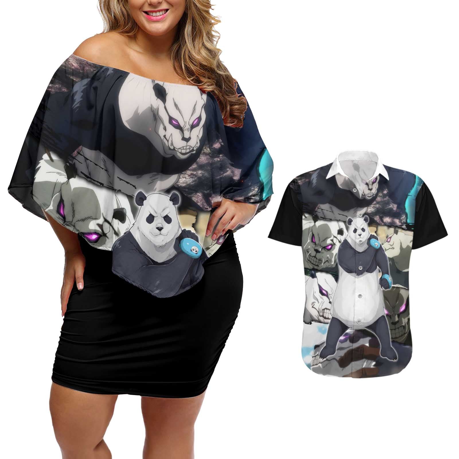 Panda - Jujutsu Kaisen Couples Matching Off Shoulder Short Dress and Hawaiian Shirt Anime Style