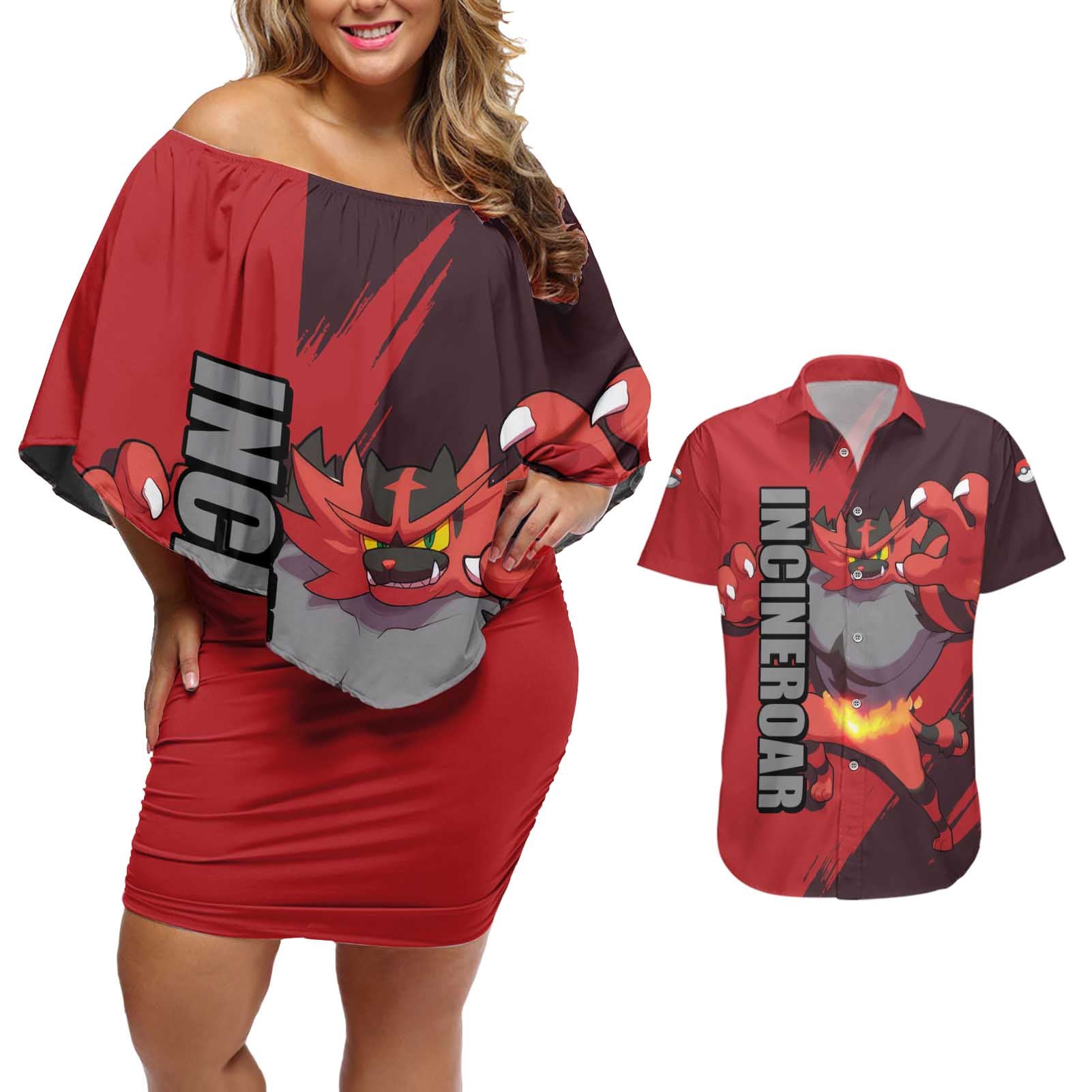 Incineroar - Pokemon Couples Matching Off Shoulder Short Dress and Hawaiian Shirt Anime Style