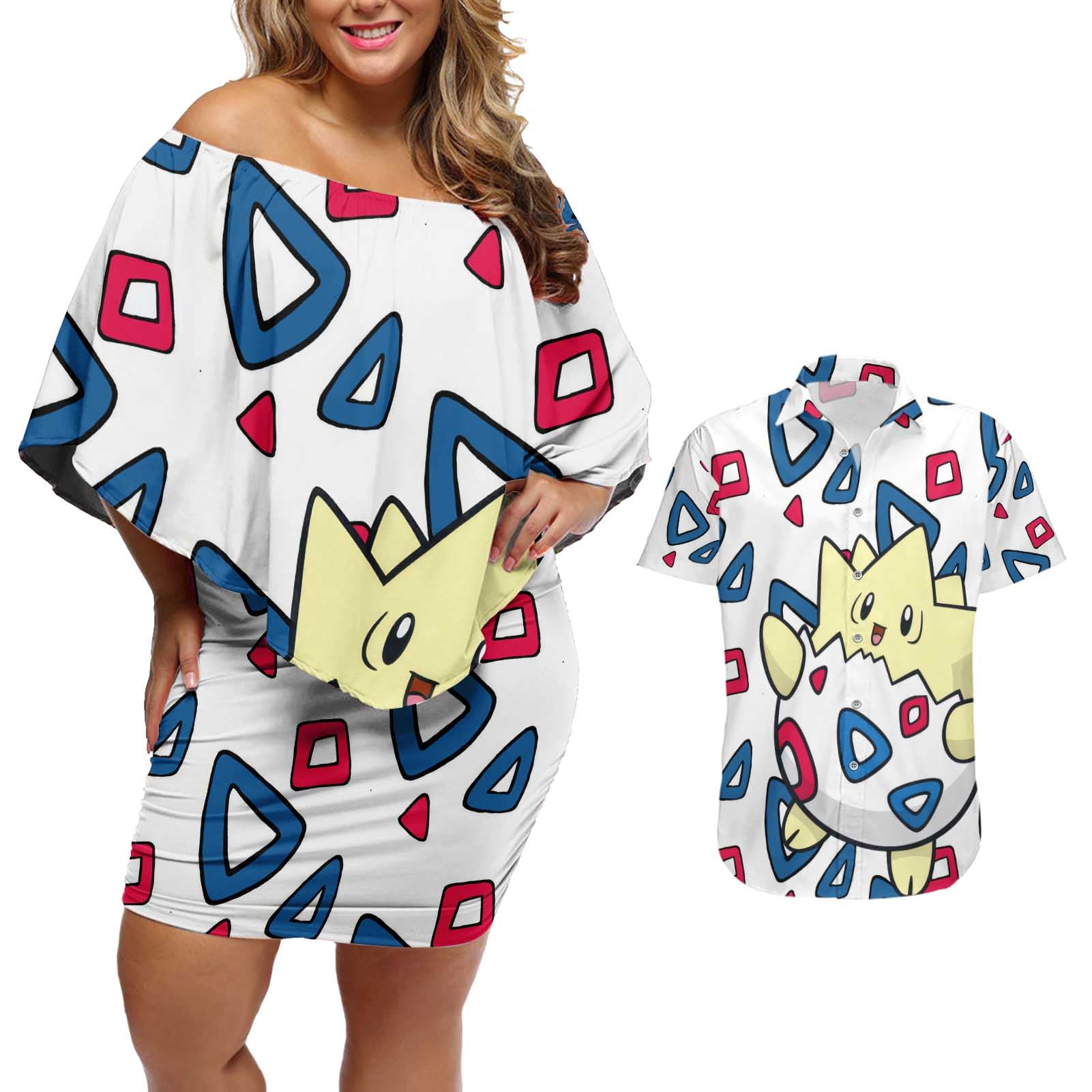 Togepi - Pokemon Couples Matching Off Shoulder Short Dress and Hawaiian Shirt Anime Style