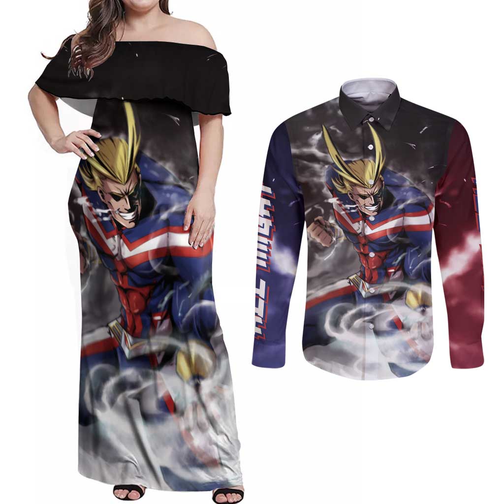 Trippy All Might My Hero Academia Couples Matching Off Shoulder Maxi Dress and Long Sleeve Button Shirt Anime Mid Trippy Style