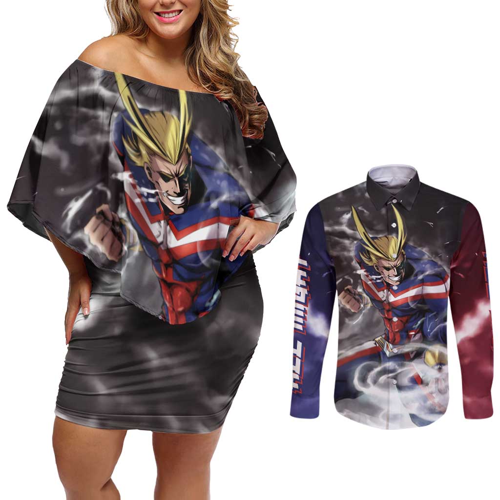 Trippy All Might My Hero Academia Couples Matching Off Shoulder Short Dress and Long Sleeve Button Shirt Anime Mid Trippy Style