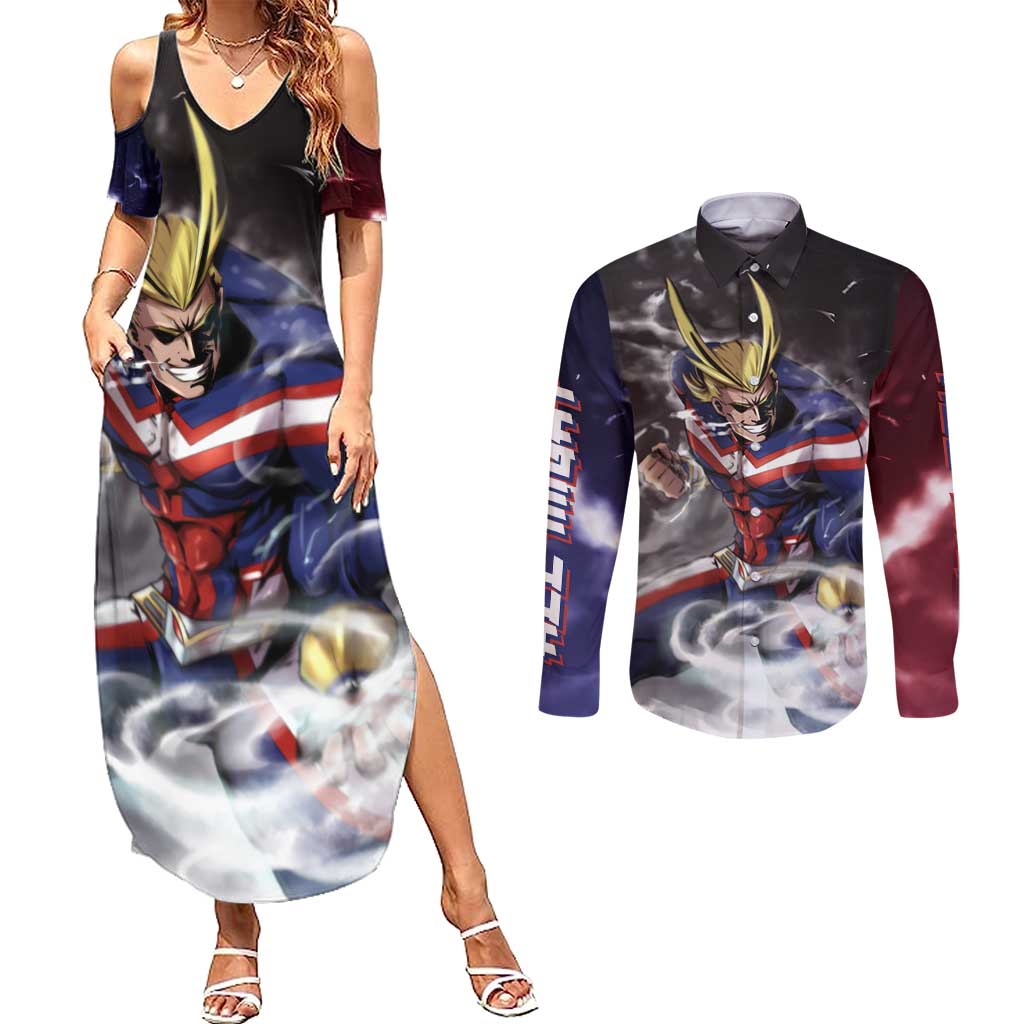 Trippy All Might My Hero Academia Couples Matching Summer Maxi Dress and Long Sleeve Button Shirt Anime Mid Trippy Style