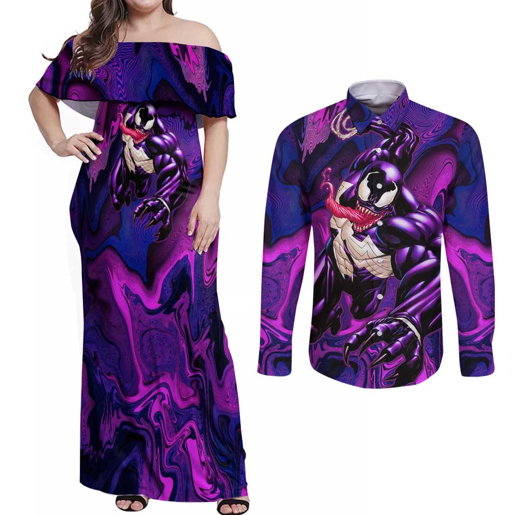 Trippy Venom Couples Matching Off Shoulder Maxi Dress and Long Sleeve Button Shirt Comic Mix Galaxy Trippy Style