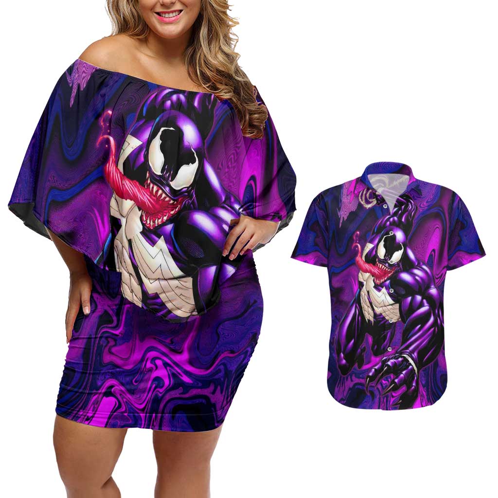 Trippy Venom Couples Matching Off Shoulder Short Dress and Hawaiian Shirt Comic Mix Galaxy Trippy Style