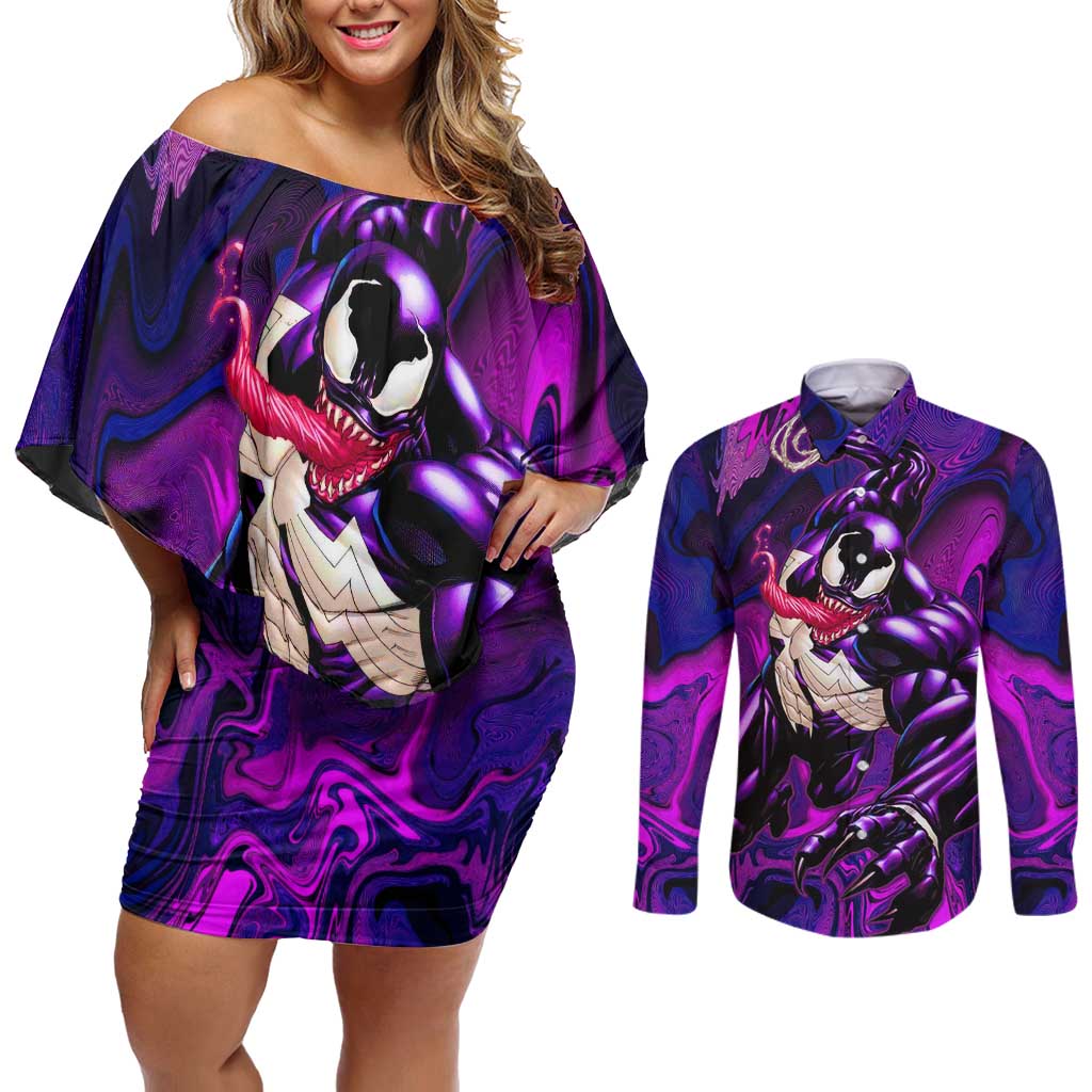 Trippy Venom Couples Matching Off Shoulder Short Dress and Long Sleeve Button Shirt Comic Mix Galaxy Trippy Style