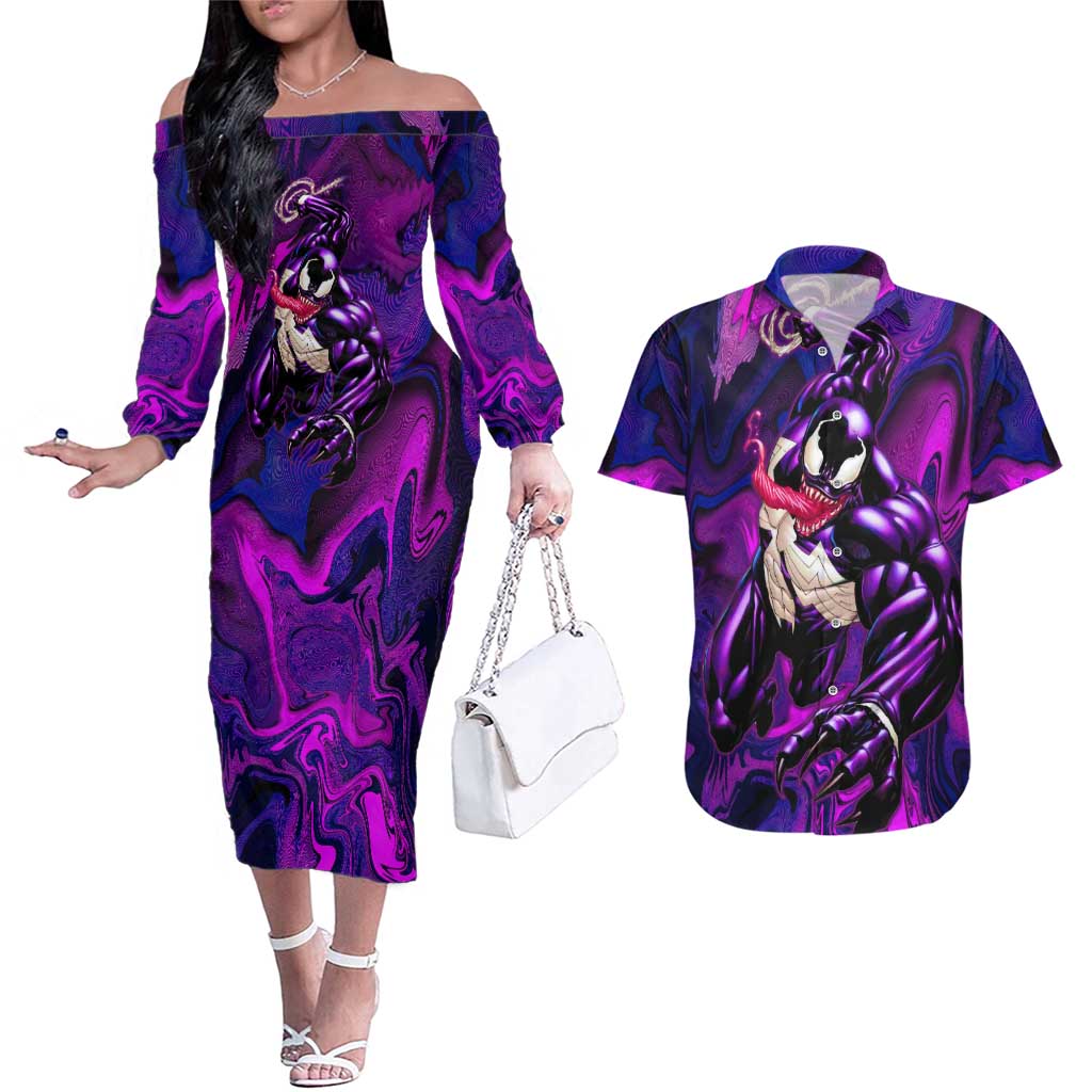 Trippy Venom Couples Matching Off The Shoulder Long Sleeve Dress and Hawaiian Shirt Comic Mix Galaxy Trippy Style