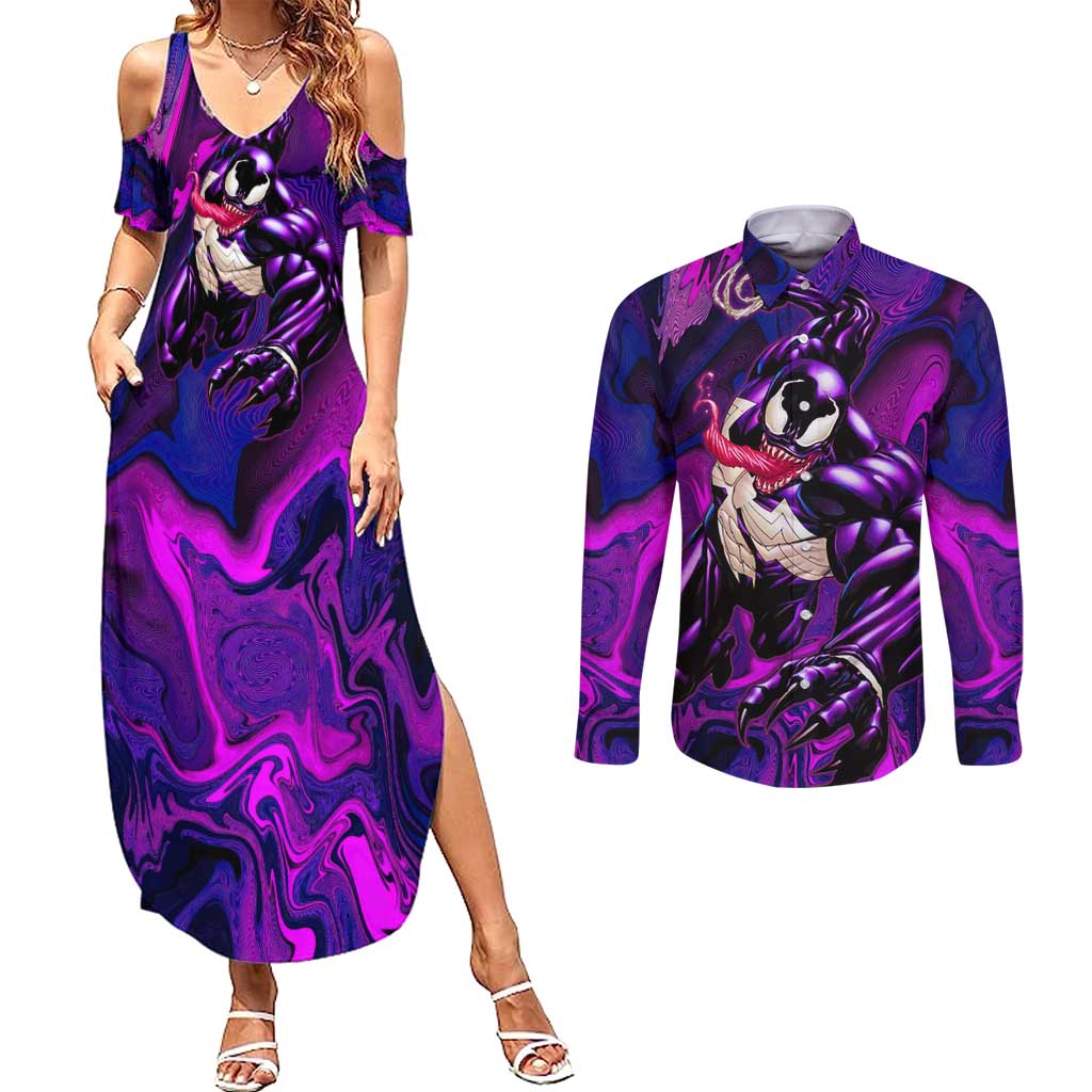 Trippy Venom Couples Matching Summer Maxi Dress and Long Sleeve Button Shirt Comic Mix Galaxy Trippy Style