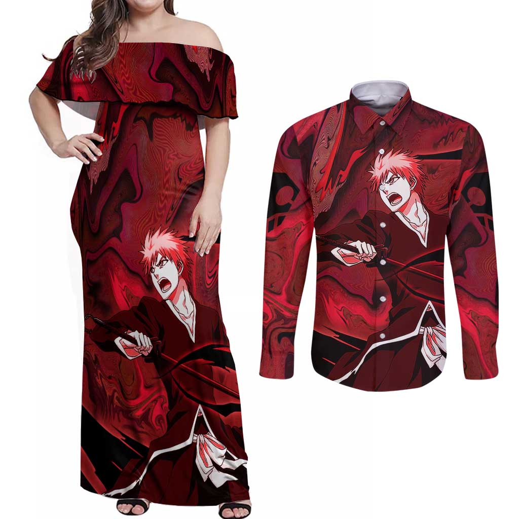 Ichigo True Shikai Bleach Couples Matching Off Shoulder Maxi Dress and Long Sleeve Button Shirt Anime Mix Trippy Style