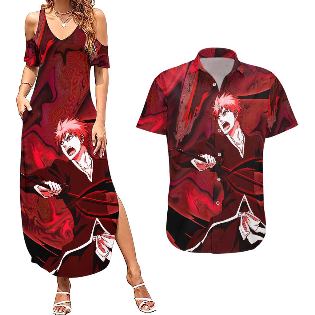 Ichigo True Shikai Bleach Couples Matching Summer Maxi Dress and Hawaiian Shirt Anime Mix Trippy Style