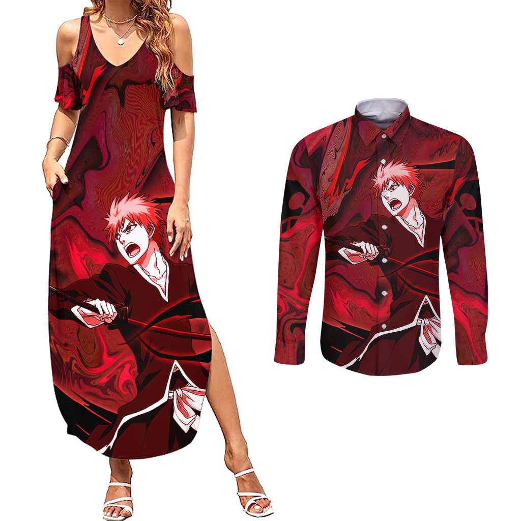 Ichigo True Shikai Bleach Couples Matching Summer Maxi Dress and Long Sleeve Button Shirt Anime Mix Trippy Style