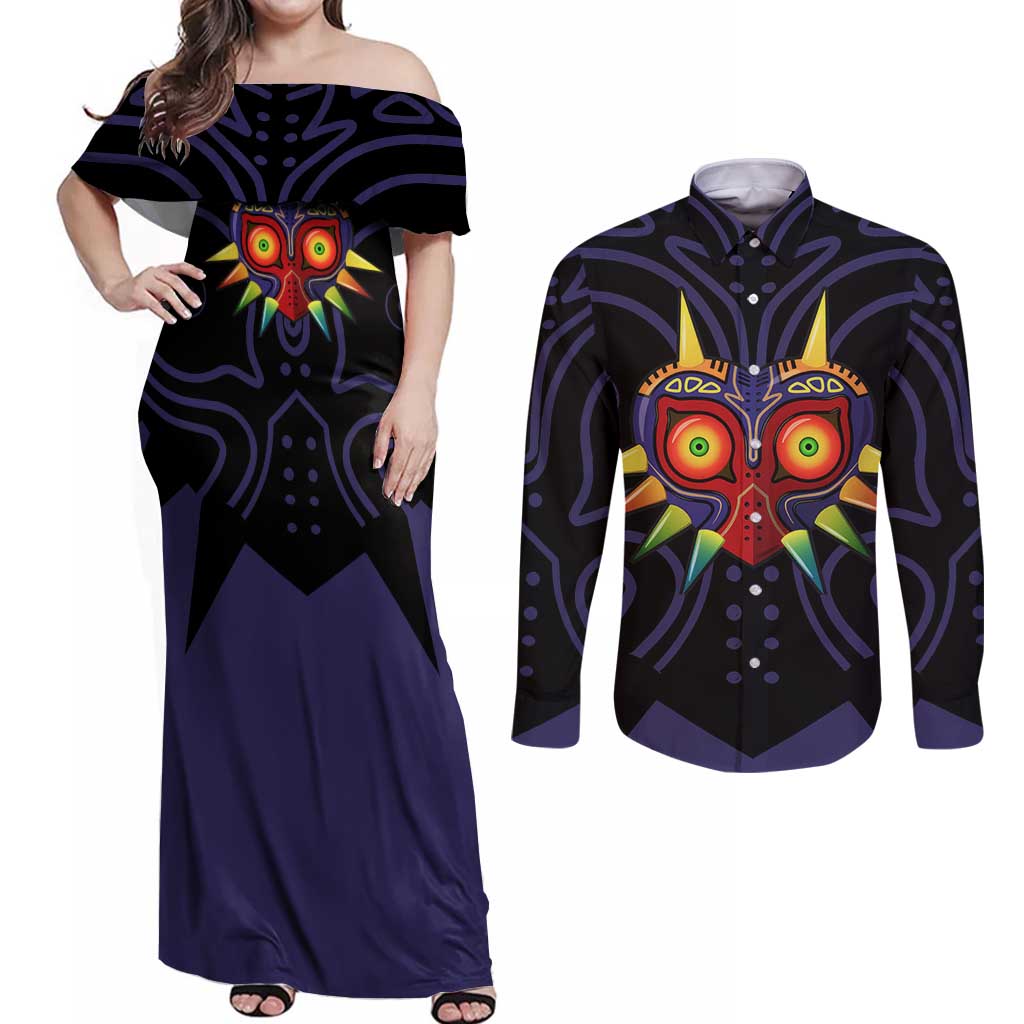 Majora’s Mask Zelda Couples Matching Off Shoulder Maxi Dress and Long Sleeve Button Shirt Abtract Style